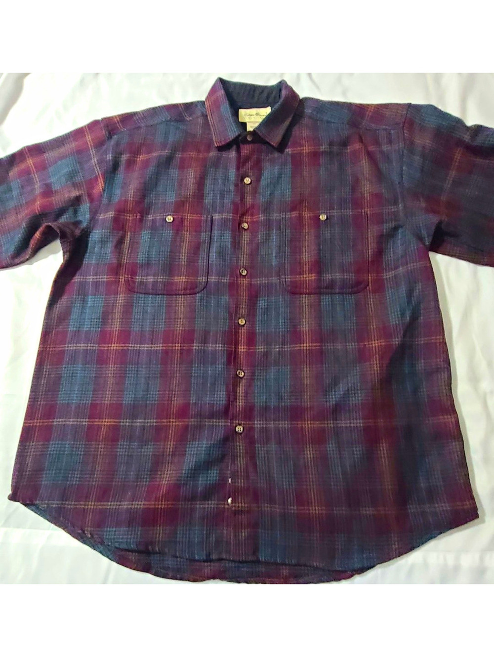 Eddie Bauer Mens L Plaid Flannel Button Up Shirt Burgundy Blue Green Pockets